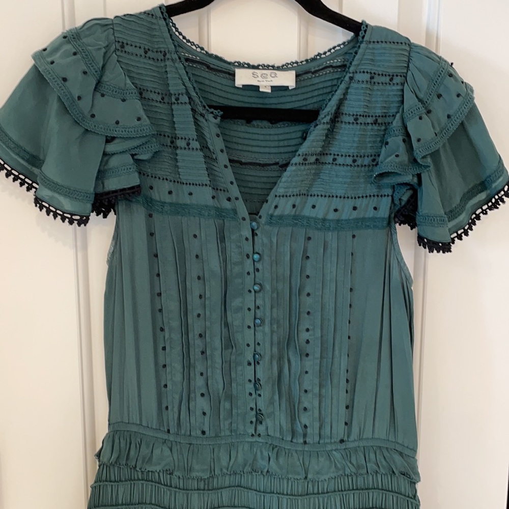 SEA azzedine green flutter sleeve smock midi dress - Picture 10 of 13